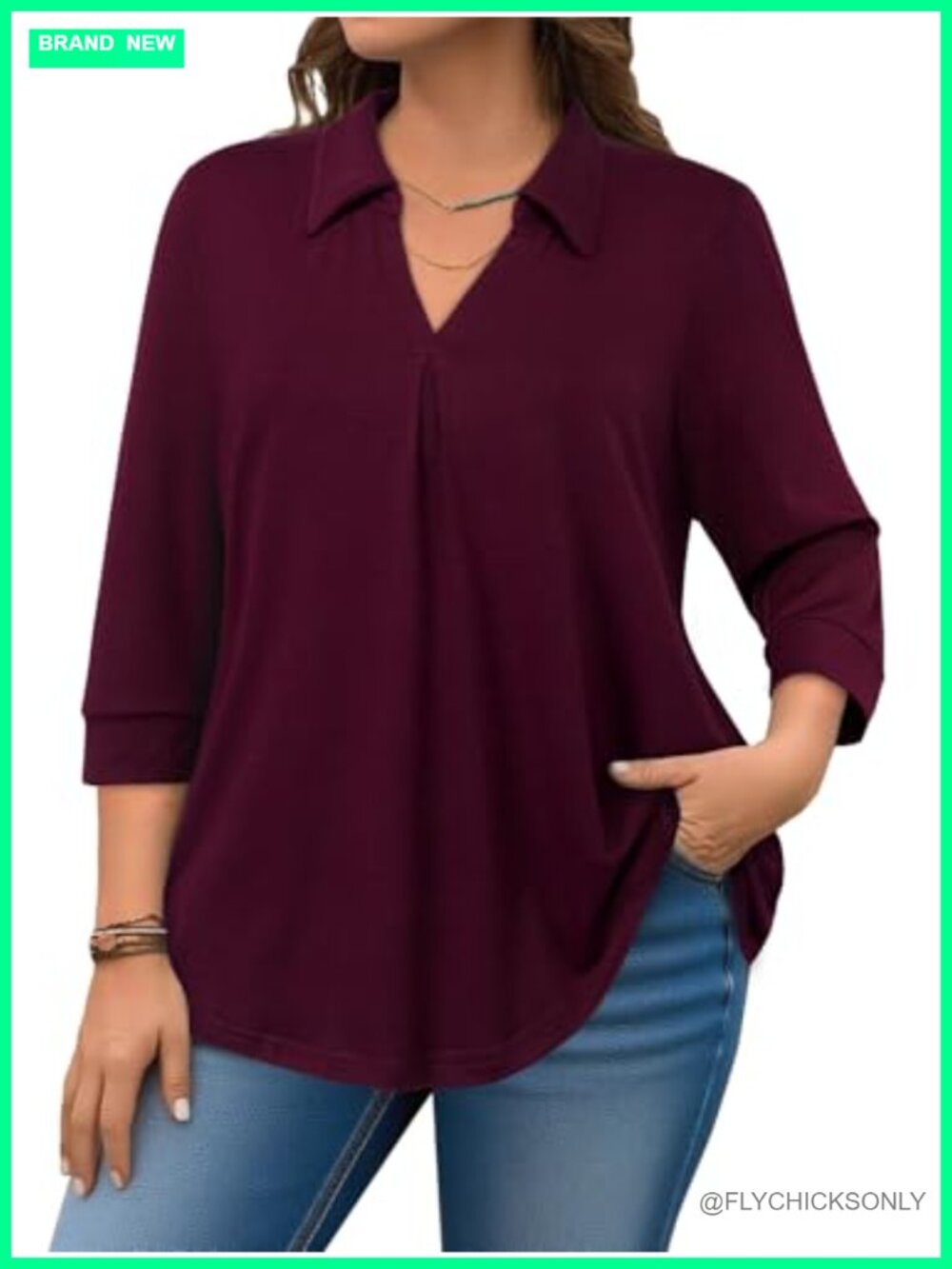Womens Plus Size Blouse Collared V Neck 3/4 Sleeve Loose Fit Business Casual Top